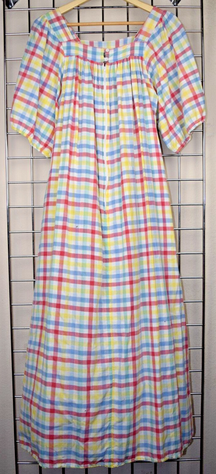 Maxi Dress VTG 70s Bloomingdale\'s Red Yellow Blue Plaid Cotton Pockets Sz S/M