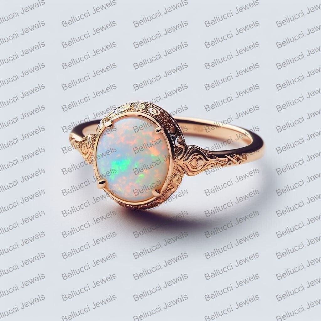 Natural fire Opal Ring 14k gold, vintage genuine Ethiopian opal rings All sizes