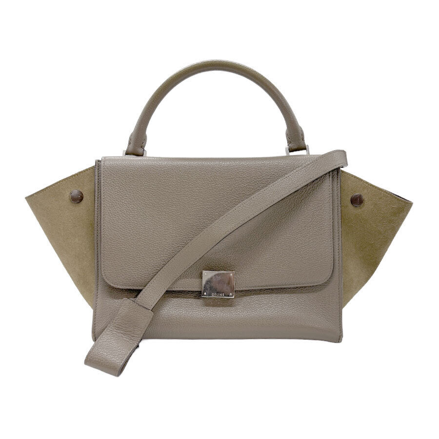 Auth CELINE Trapeze Shoulder Bag Handbag Khaki Gray Leather/Suede - z0869