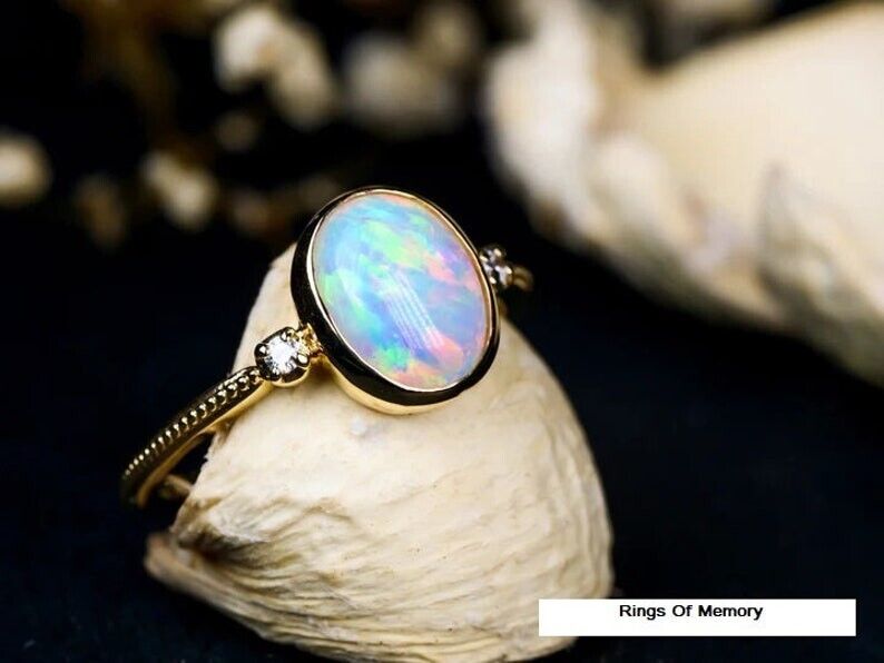 14k Gold Vintage Opal Engagement Ring Natural Fire Opal Wedding Ring  Opal Ring