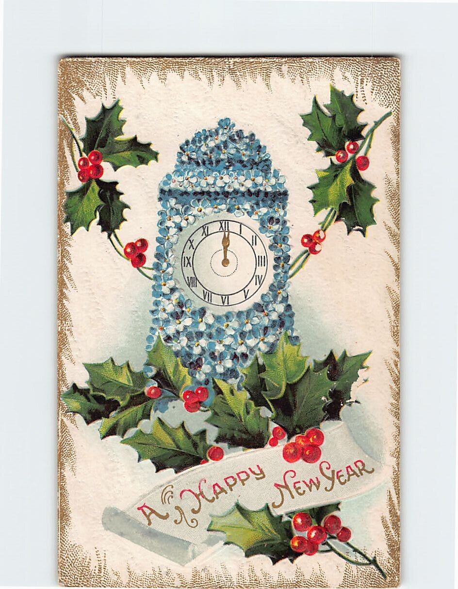 Postcard A Happy New Year Hollies Flowers Clock Embossed Art Print