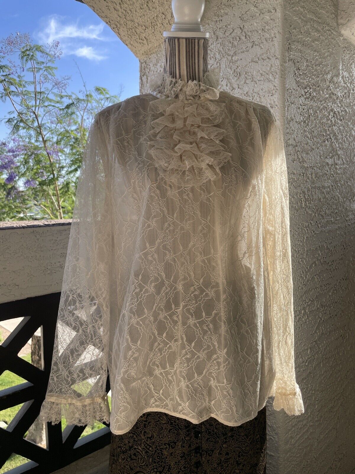Vintage Victorian Revival Lady Barbara Lace Ruffled Bib Blouse Top Shirt Collar