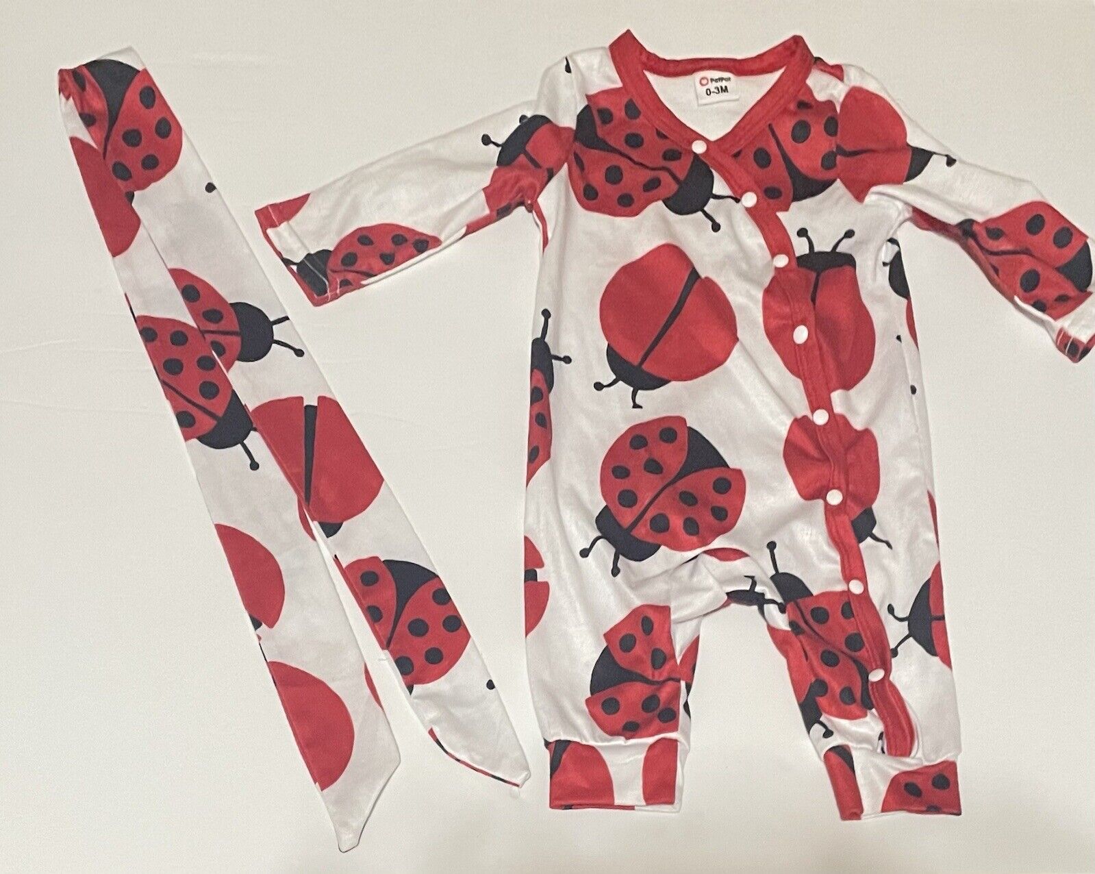 PatPat Ladybug Snap Romper With Matching Bow Size 0-3 Months EUC