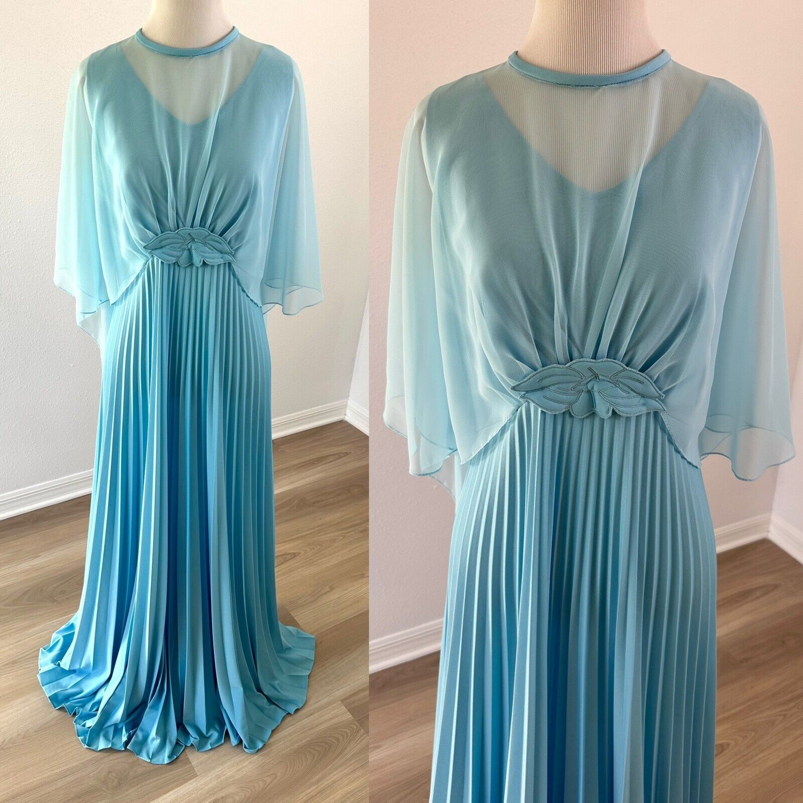 Vintage 70s Pleated Maxi Dress Sheer Chiffon Cape Blue Hostess Dress 34” Bust