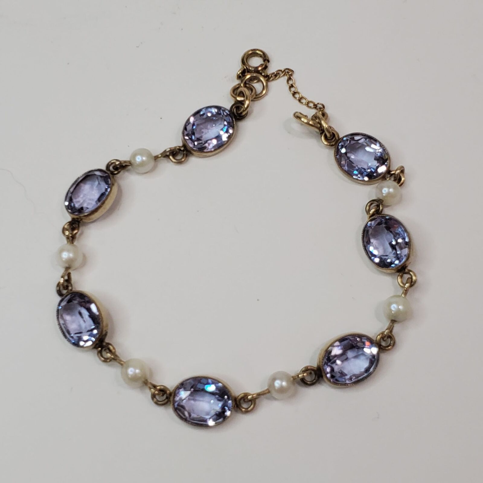 Vintage 12k Gold Filled Faceted Blue Glass Stone & Cultured Pearl Bracelet 7.5\