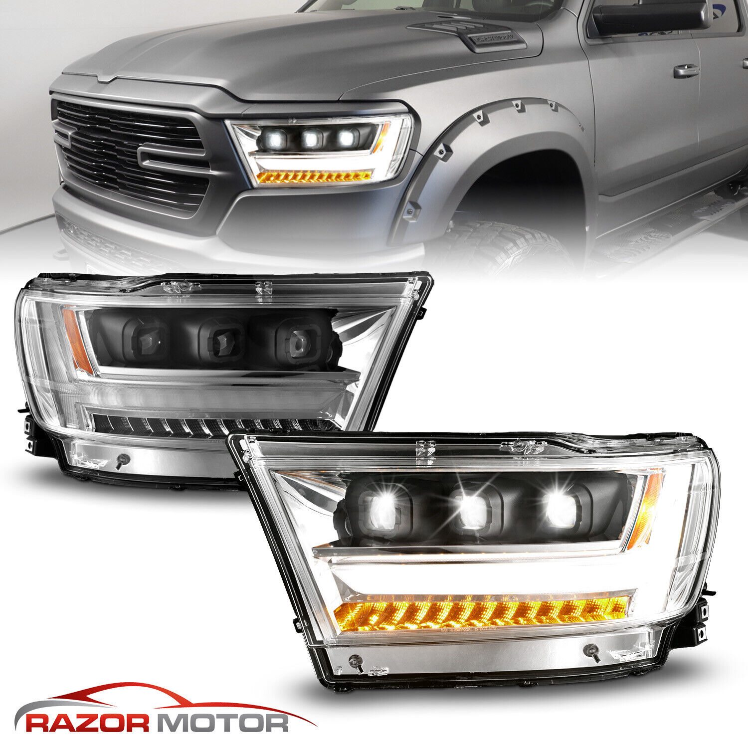 2019-2023 For Dodge Ram 1500 Full LED Sequential Signal Chrome Headlights Pairs