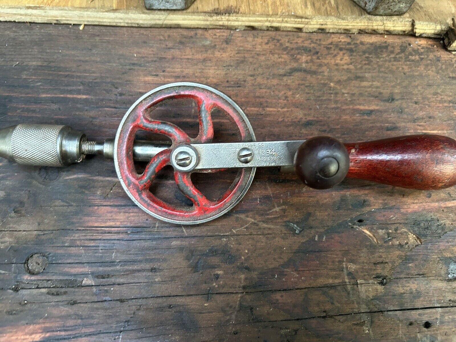 VINTAGE MILLERS FALLS DRILL WITH WOODEN HANDLE, SHARP CONDITION. 