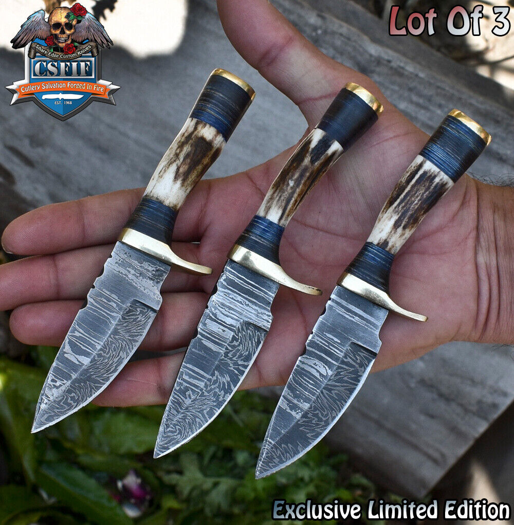 CSFIF Handmade Skinner Knife Twist Damascus Stag Antler Lot of 3 Camping
