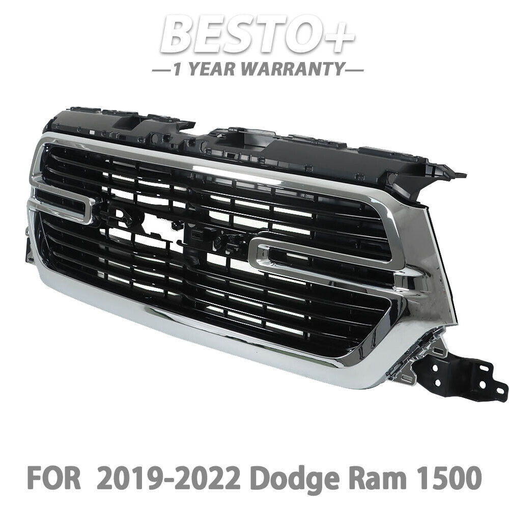 Front Grill Glossy Black W/Chrome Grille For 2019 2020 2021 2022 Dodge Ram 1500