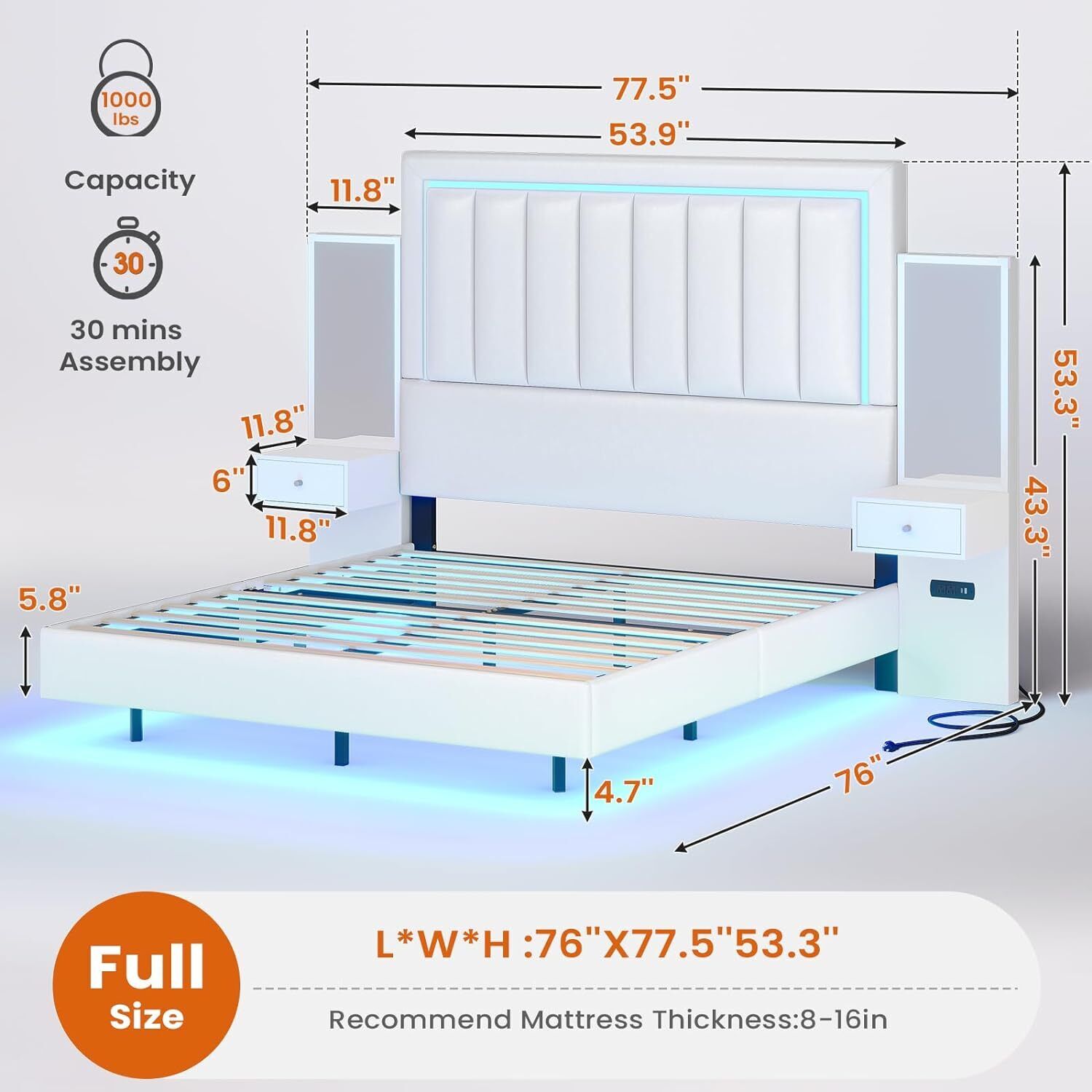 Queen Size Floating Bed Frame with 53\