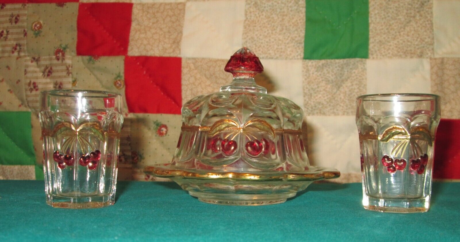 Miniature Mosser Glass Cherry & Cable Domed Butter Dish w/2 Tumblers shot glass