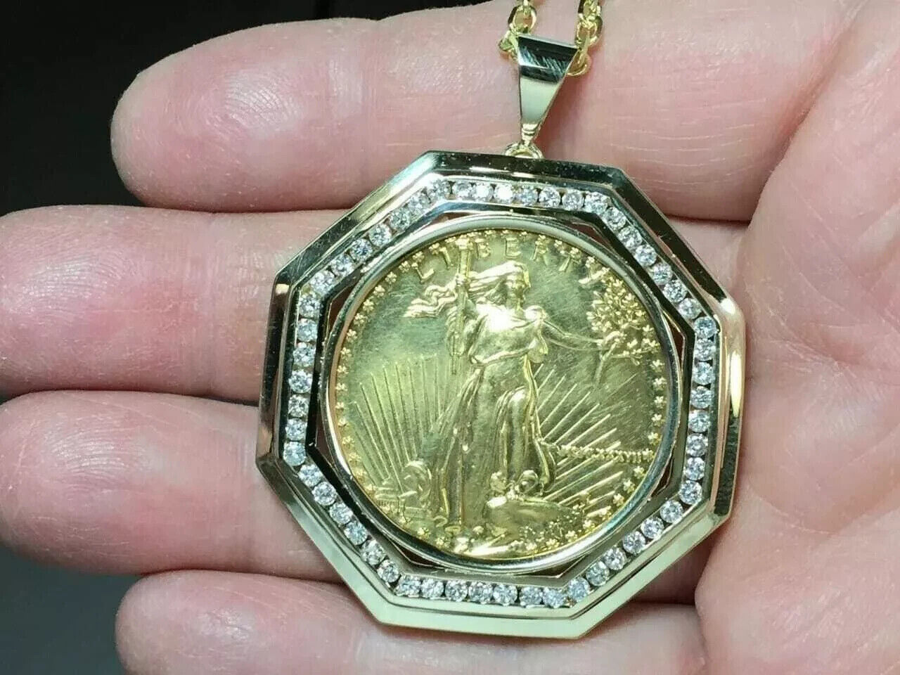 14K Yellow Gold Plated 2Ct Round Lab-Created Diamond Lady Liberty Coin Pendant