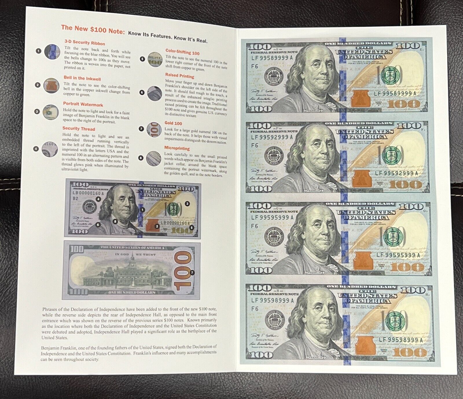 **Rare 4-Note Uncut Sheet of New Style $100 Bills - Authentic U.S. Currency**