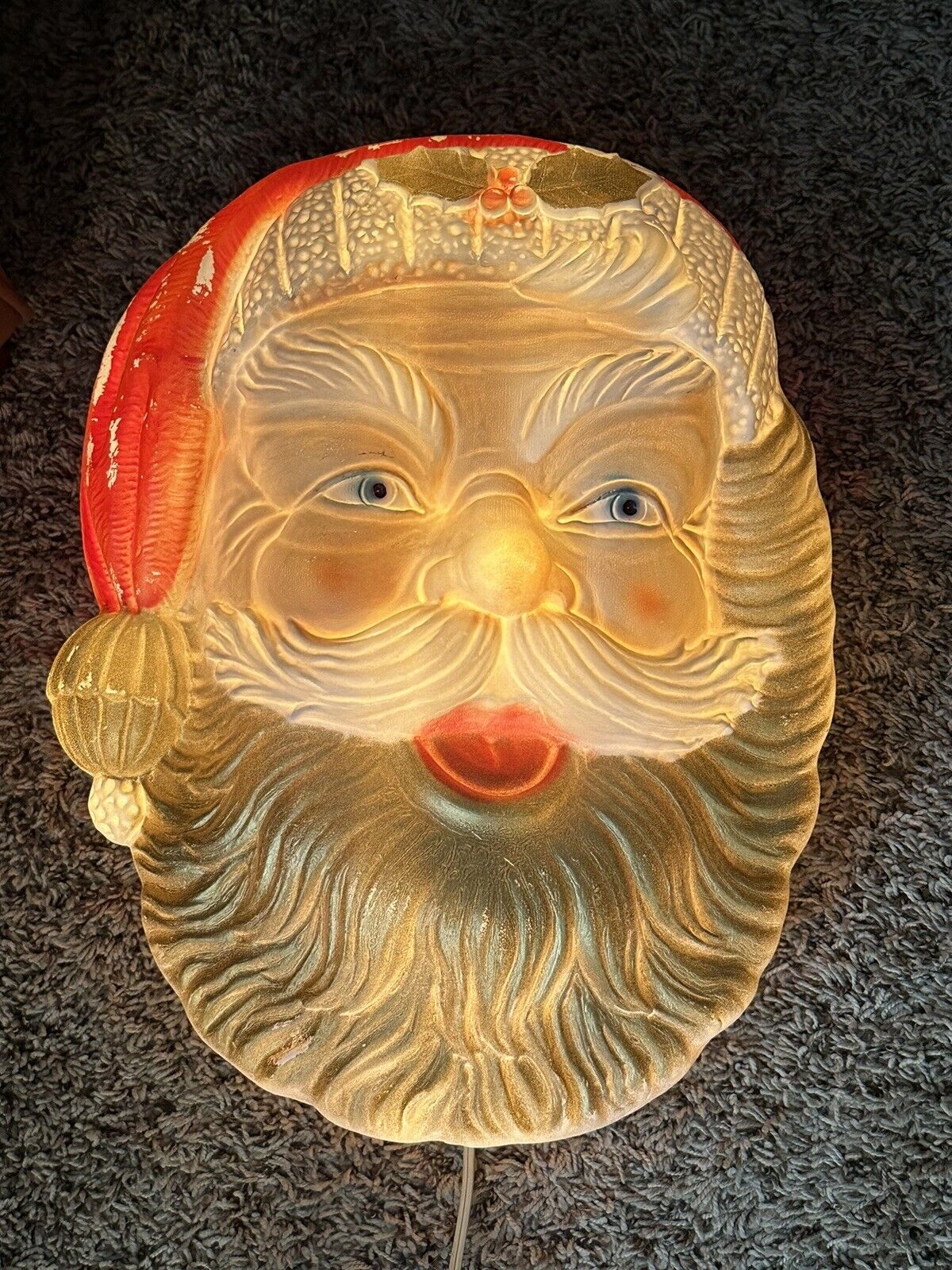 Vintage Poloron Christmas Blow Mold Santa Face Light Up Hanging Outdoor W/Cord