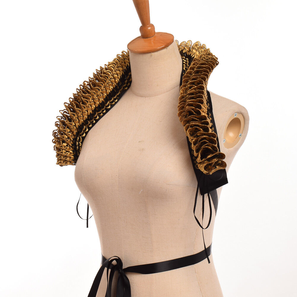 Vintage Elizabethan Victorian Cosplay Gold Black Ruffled Shrug Costume Collar