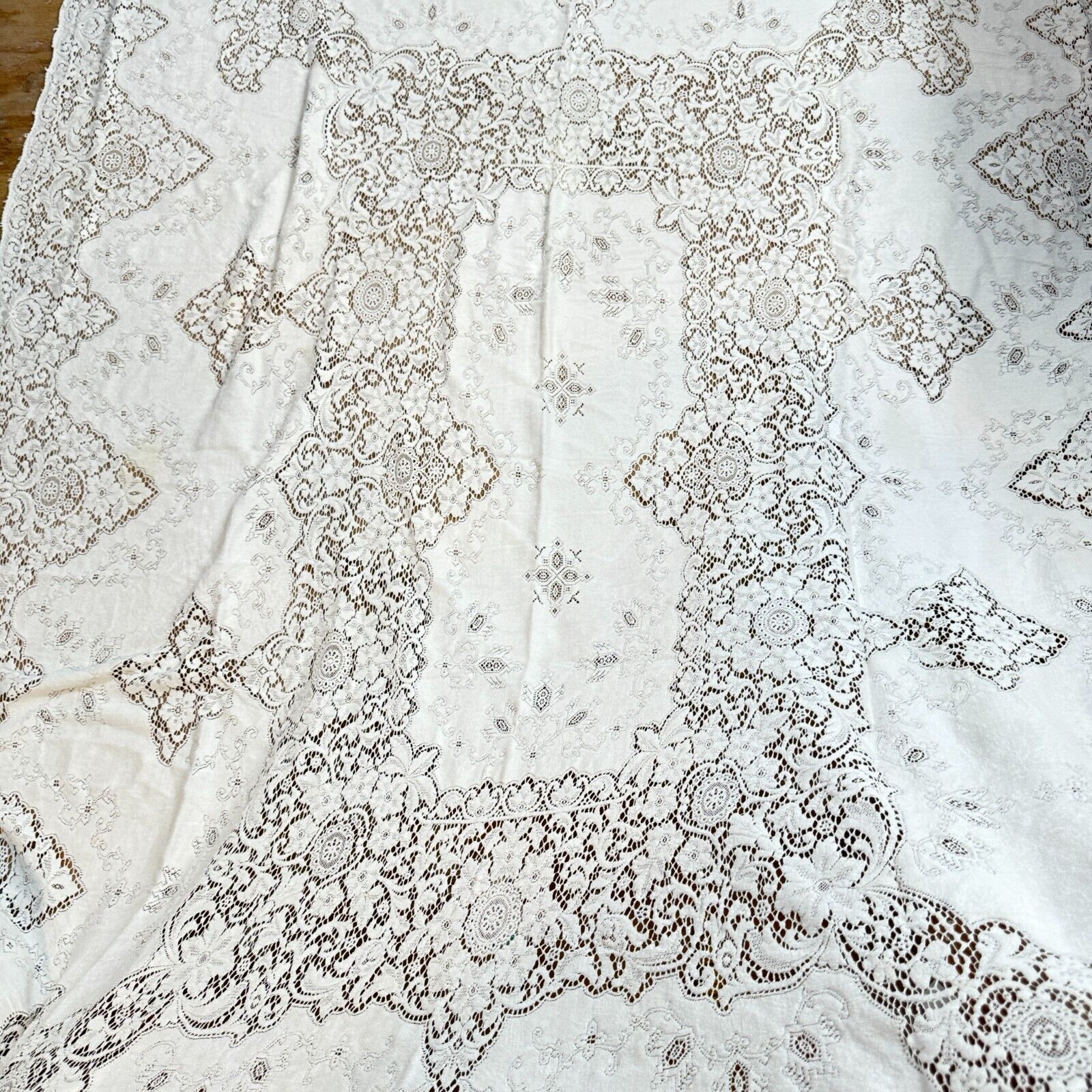 vintage quaker lace tablecloth white floral sheer cotton rectangle boho