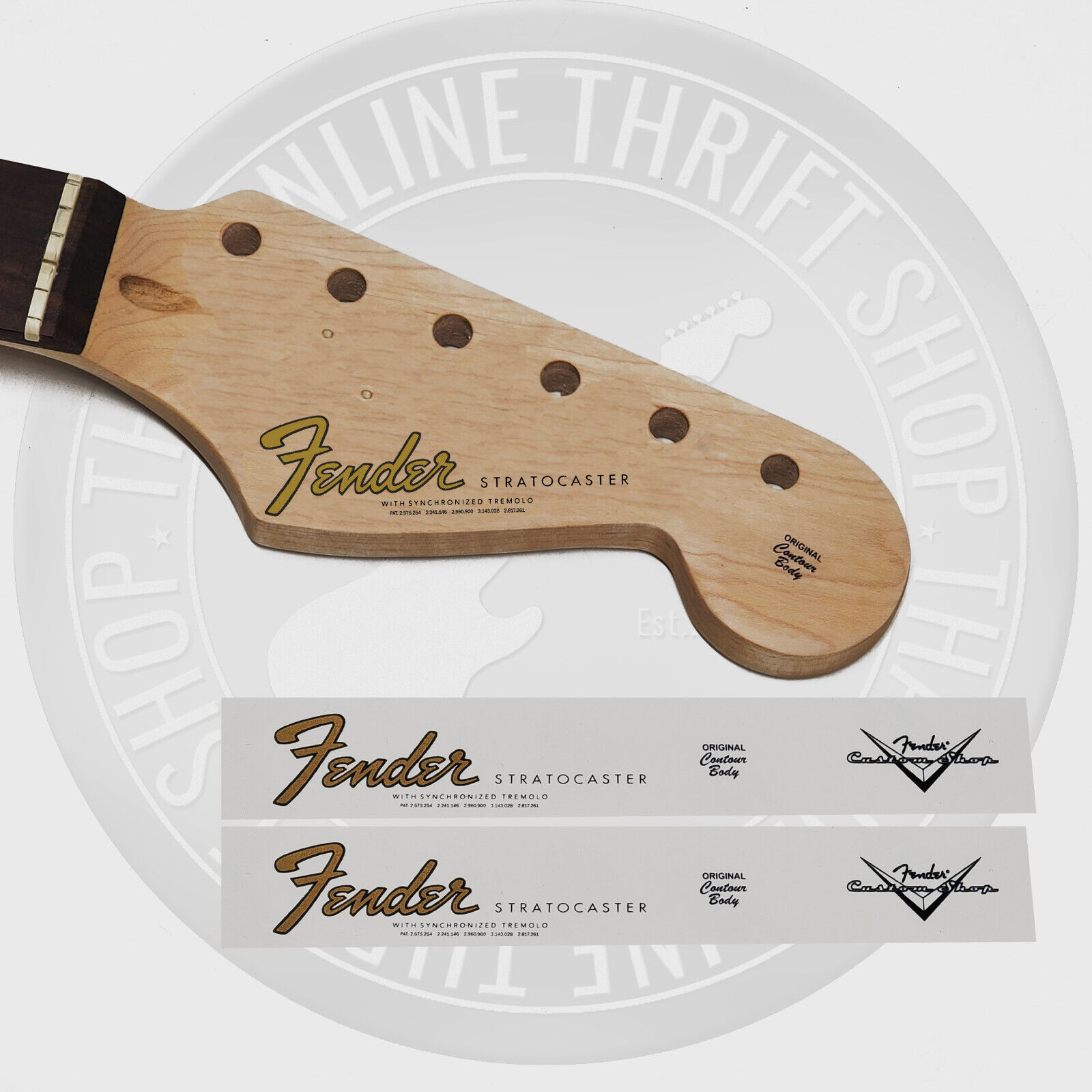 Fender Strat 60\'s Style Waterslide Guitar Headstock Decals w/ CS Logo (Set of 2)