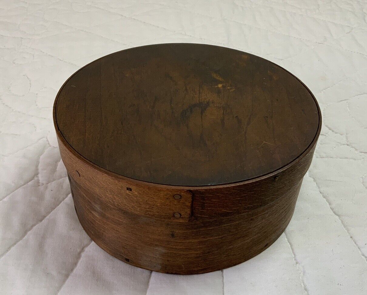 Antique Primitive Wood Pantry Box, Round, 6 3/4”, Dark Brown