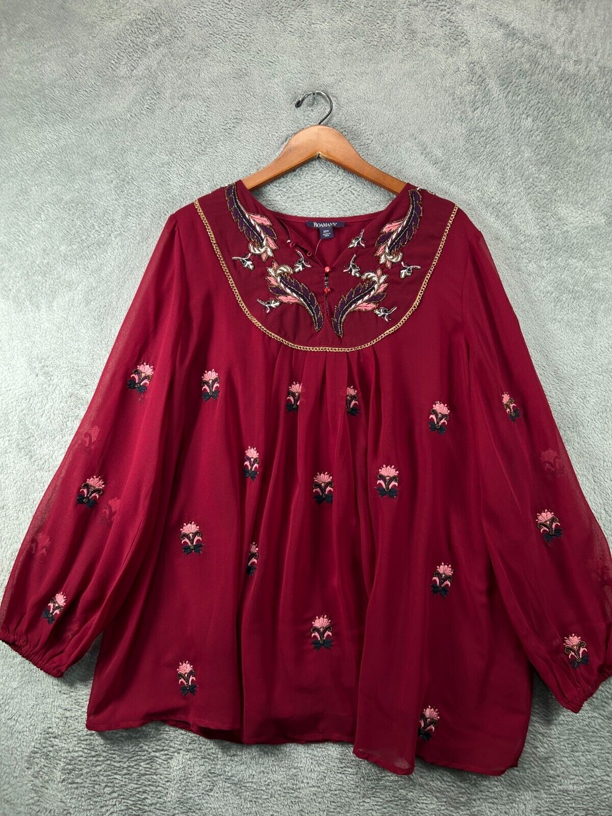 Womens Tops 20W Roamans Red Sheer Embroidered Beaded Balloon Long Sleeve