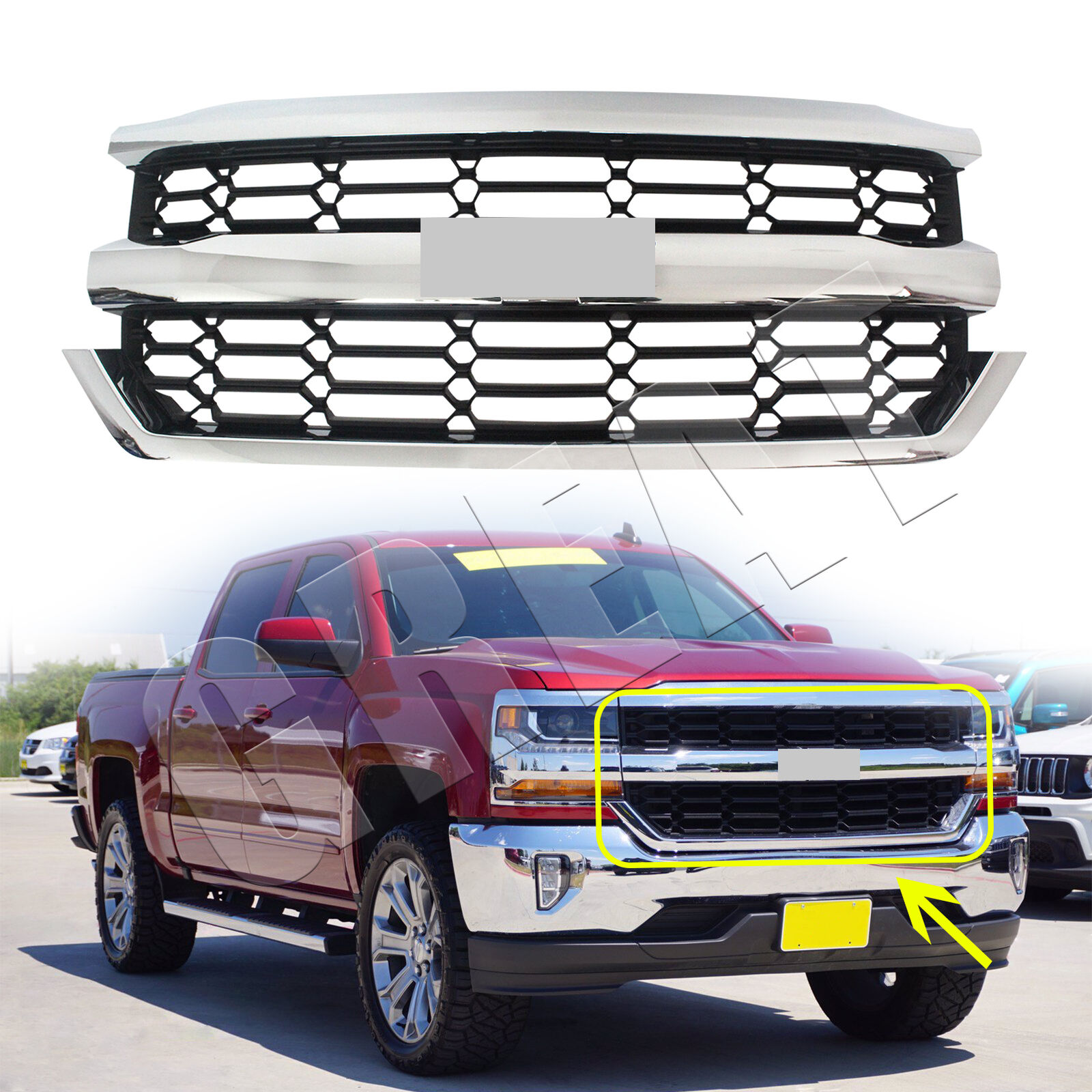 Front Upper Grille For 2016 2017 2018 2019 Chevy Silverado 1500 84602489 Chrome