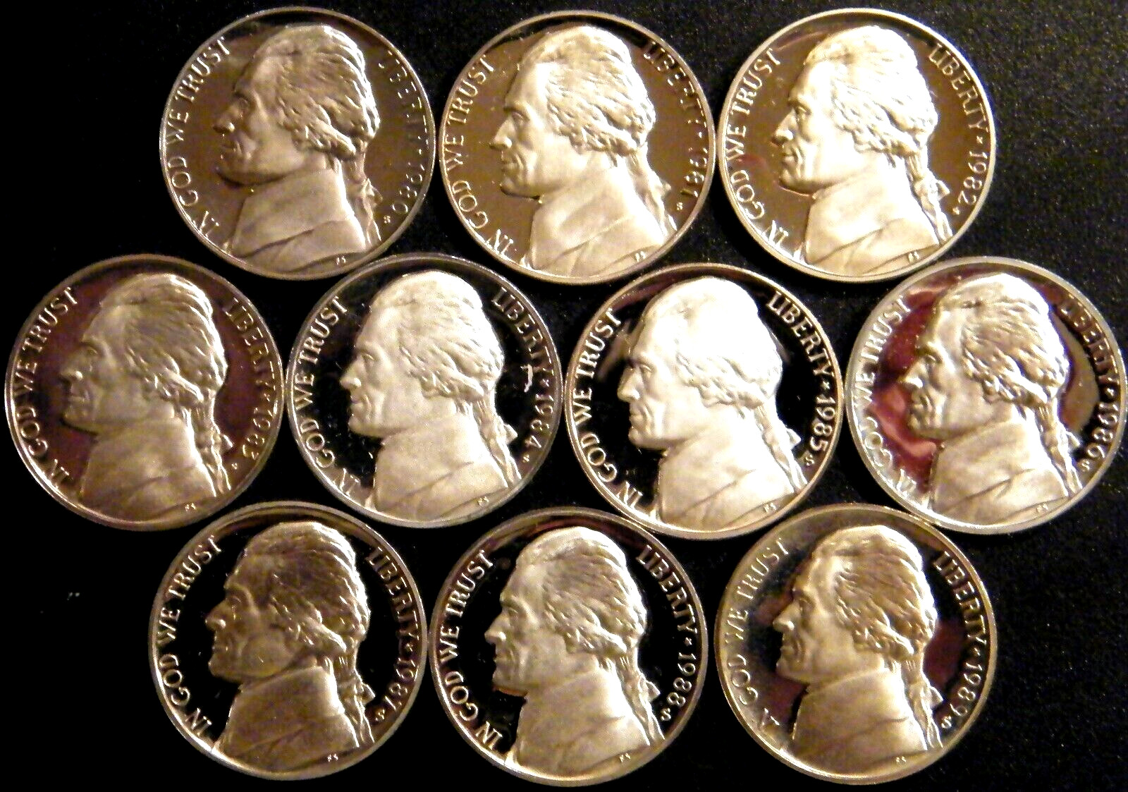1980-1989 S Jefferson Nickel Gem DCAM Proof Run 10 Coin Set