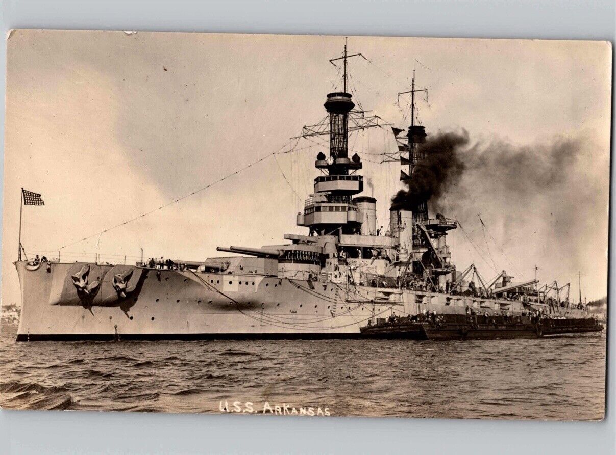c1915 USS Arkansas BB-33 Ship World War 1 WW1 RPPC Real Photo Postcard