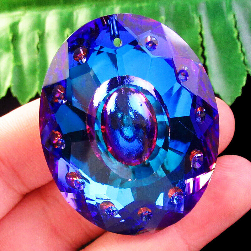 2pcs Faceted Blue Purple Titanium Crystal Oval Pendant Bead 48x38x12mm