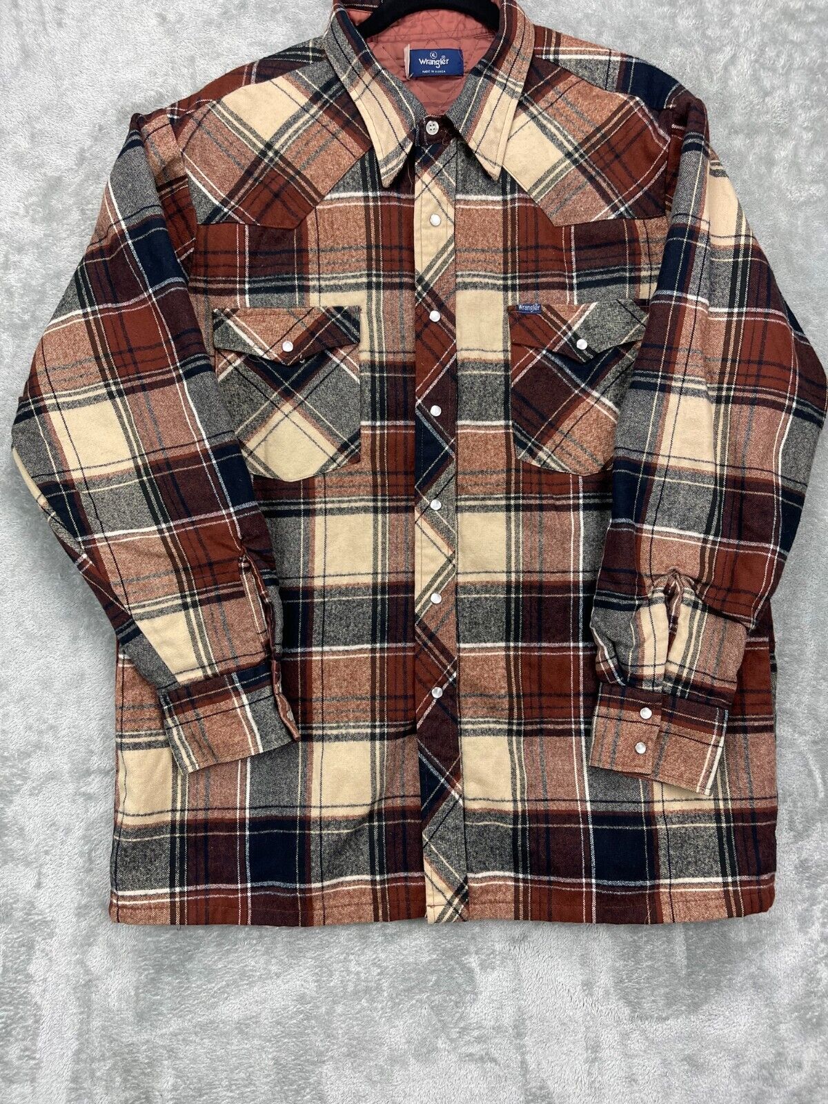 Vintage Wrangler Western Quilted Men\'s Flannel Shirt Jacket XL Brown Plaid