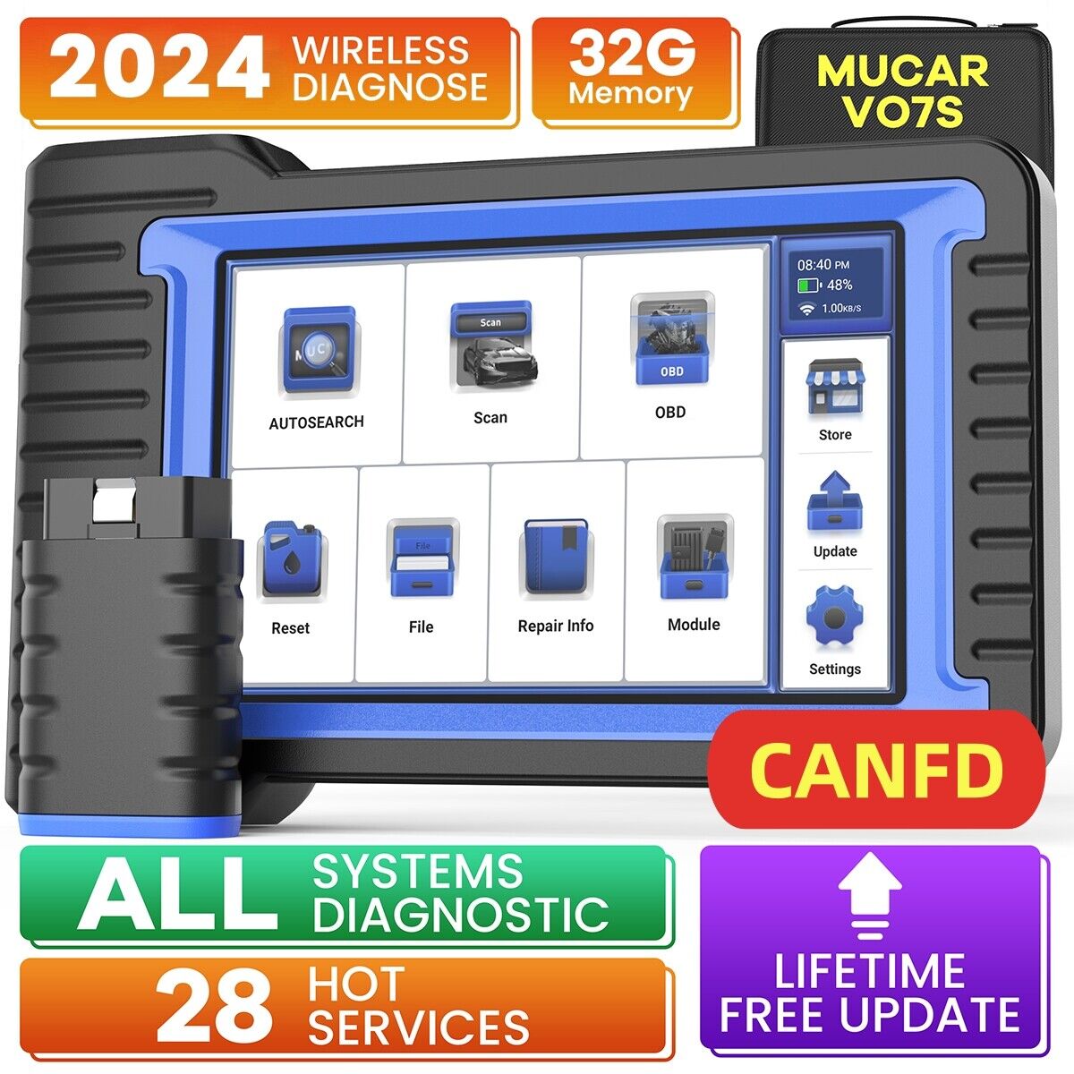 MUCAR VO7S Bidirectional Auto Car Diagnostic Scanner All System CANFD Key Coding