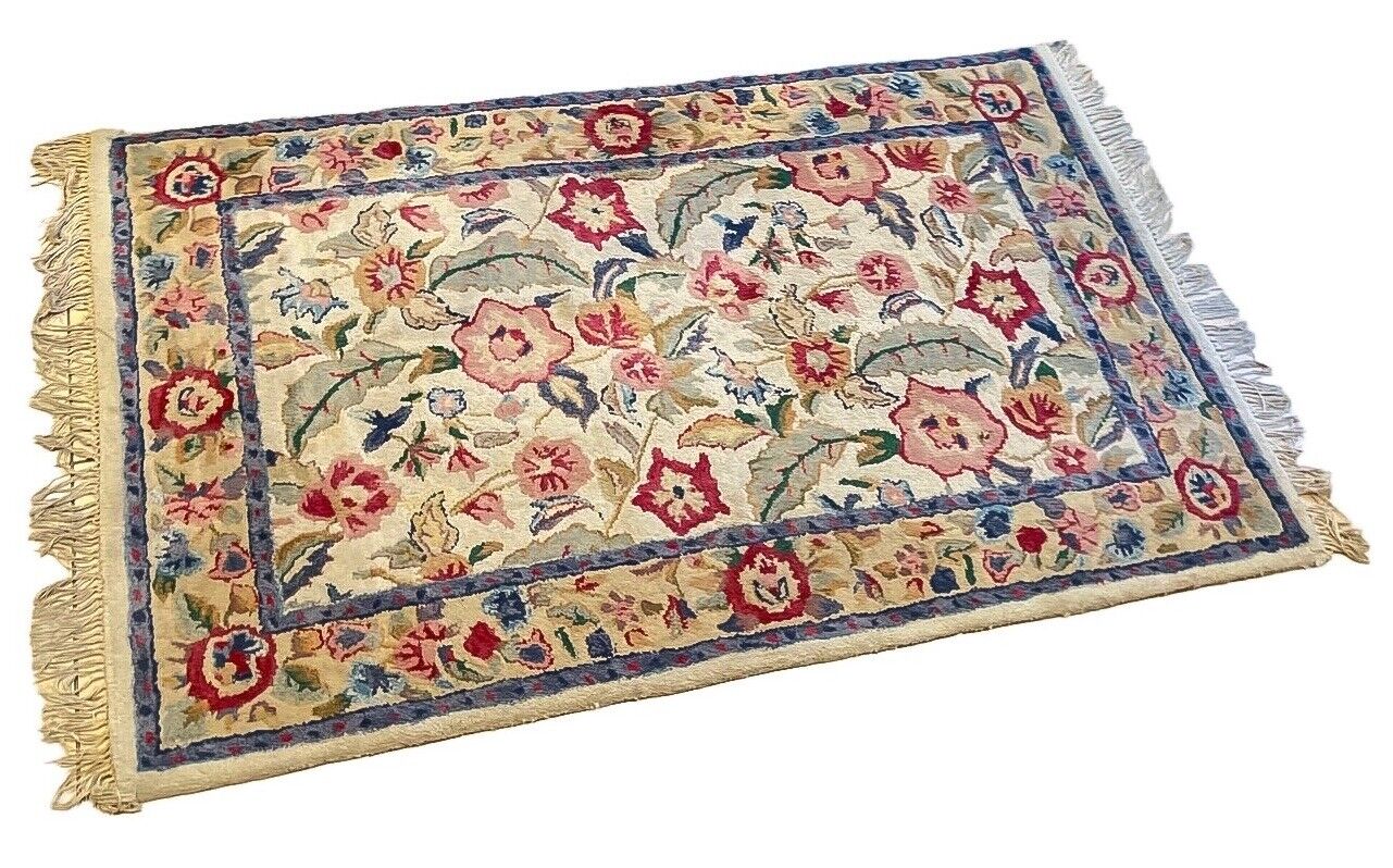 Vintage Hand Tufted Wool Rug 72 X 42 Made In India Floral 
