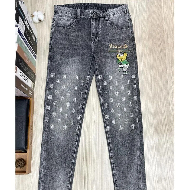 New Arrival Men Luxury Bear Embroidered Fashion Jeans Straight Gray Trousers