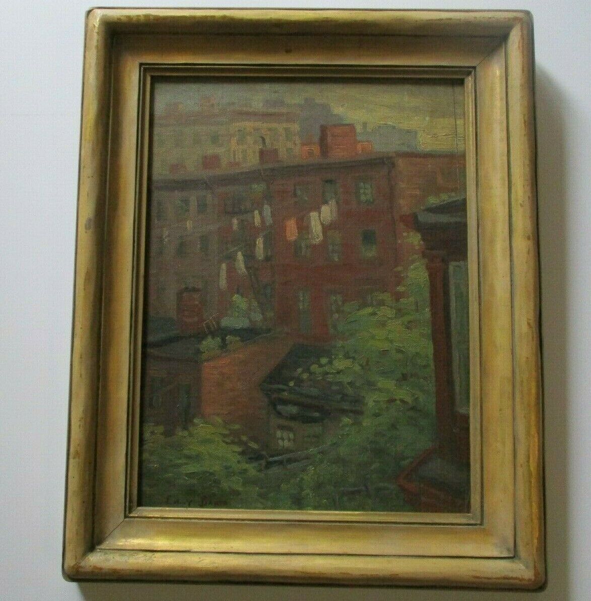 ANTIQUE WPA PAINTING URBAN CITY ROOF TOPS TENEMENT RARE WOMAN LISTED REGIONALISM