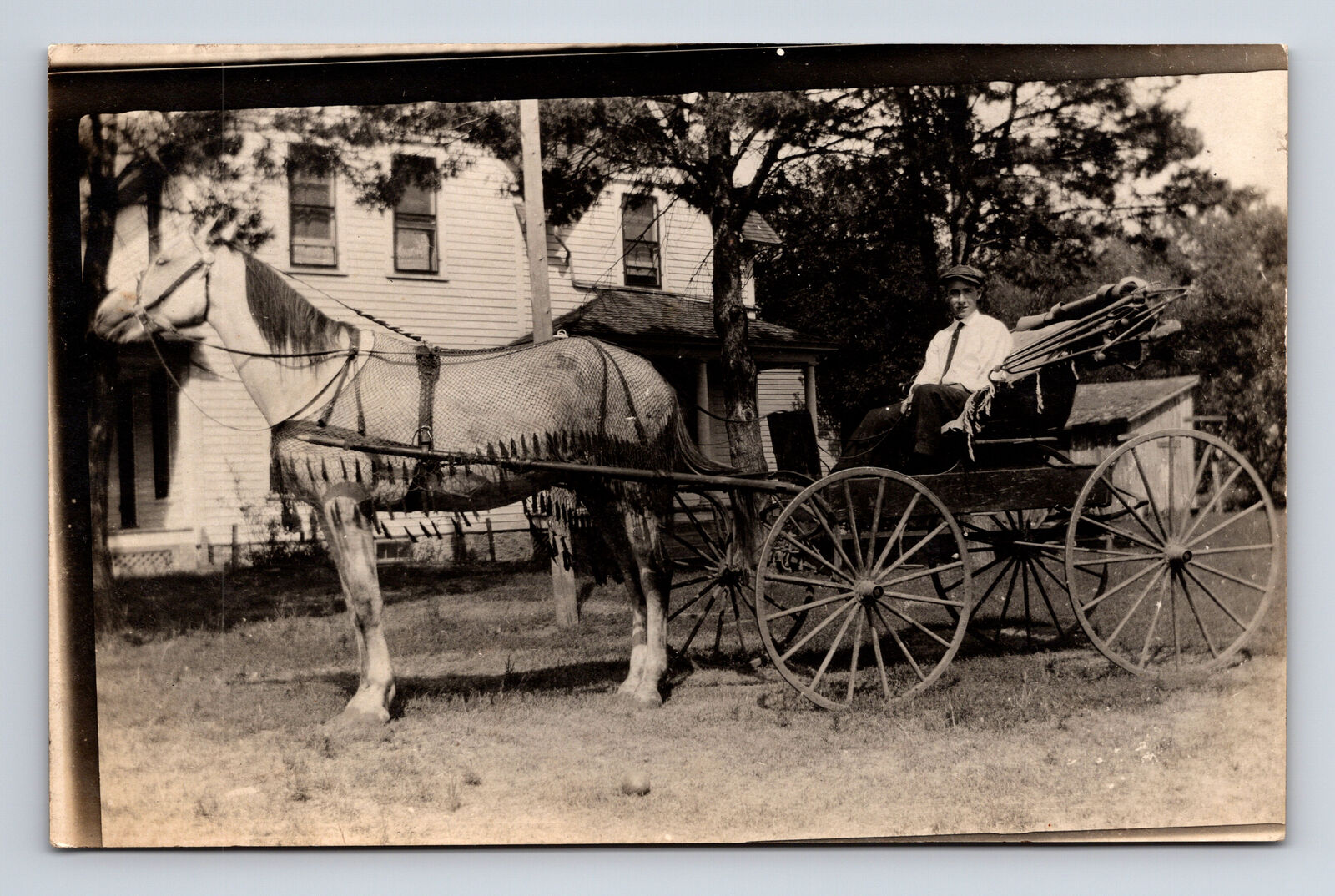 RPPC Man Driving Horse Drawn Buggy Carriage at 2 Story House Real Photo Postcard