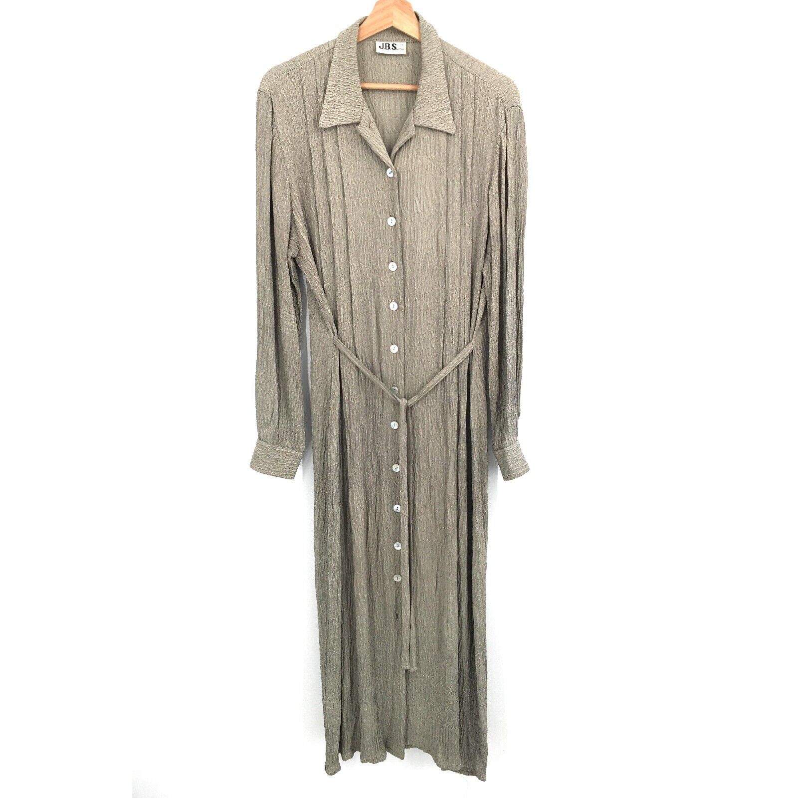 vintage 90s J.B.S LTD button front crinkle shirt dress pleated cottagecore tan L