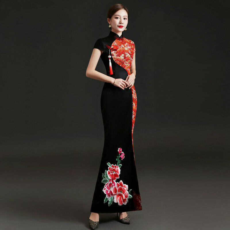 Chinese Style Lady Cheongsam Summer Fishtail Split Costume Host Catwalk Dress