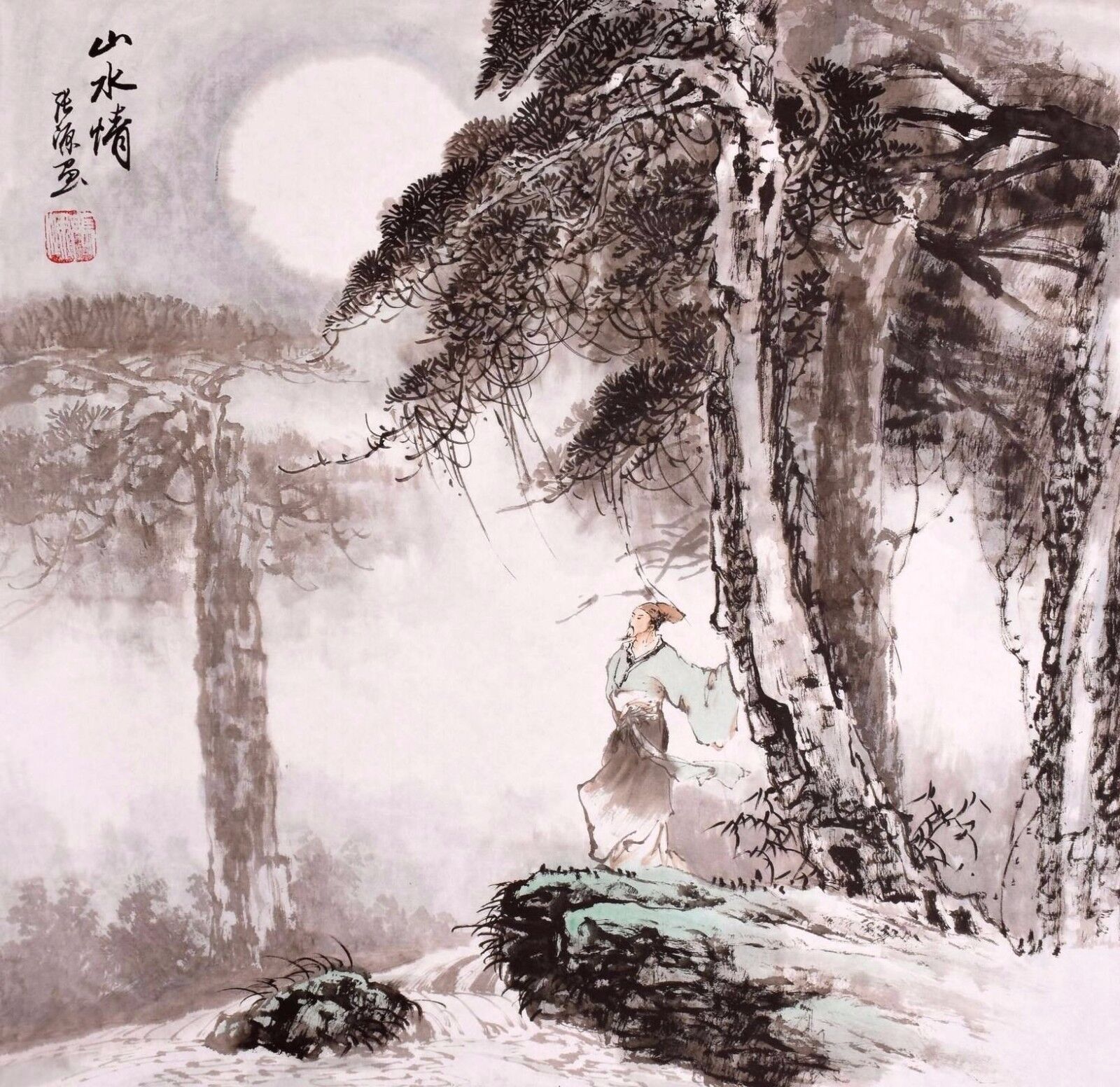 STUNNING ORIGINAL ASIAN ART CHINESE FIGURE WATERCOLOR PAINTING-Gaoshi&Landscape