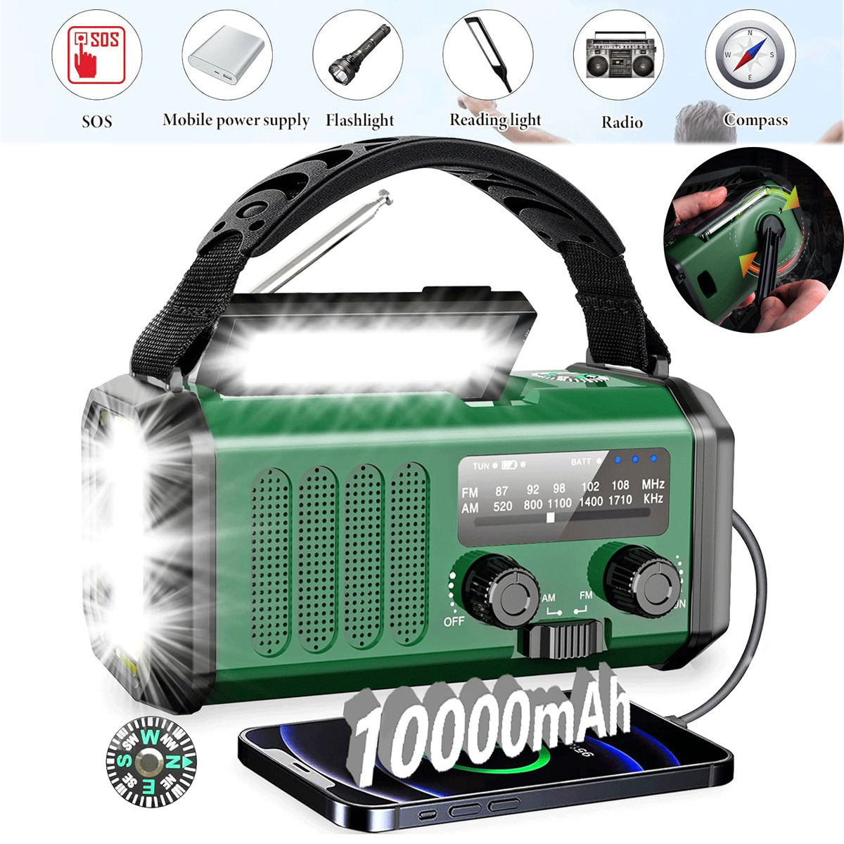 10000mAh Hand Crank Emergency Solar Weather Radio Power Bank Charger Flash Light