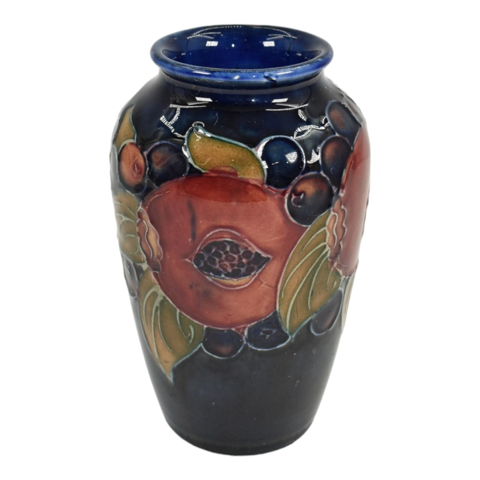 Moorcroft 1910-30s Vintage Art Pottery Red Pomegranate Grapes Blue Ceramic Vase