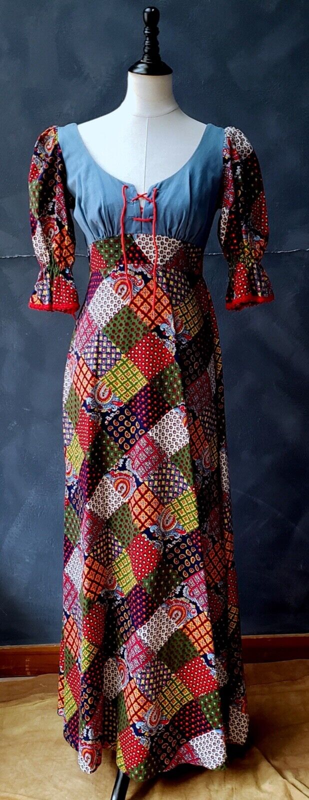 Vintage 60s Handmade Denim & Patchwork Print Maxi Dress S/XS VGUC