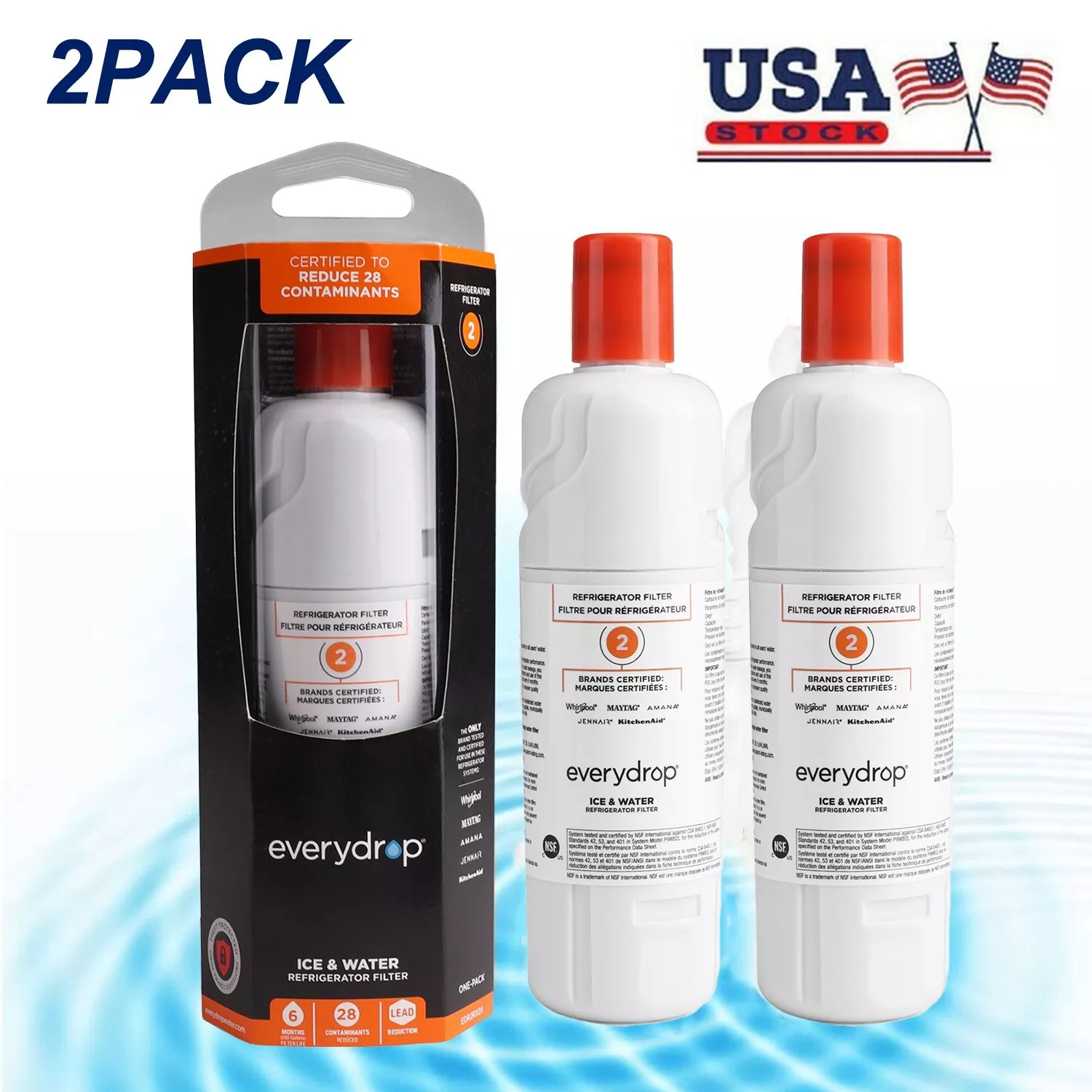 New 2 PACK ΕVΕRYDROP ΕDR2RXD1 Refrigerator Wate Filter 2 Home US FAST SHIP