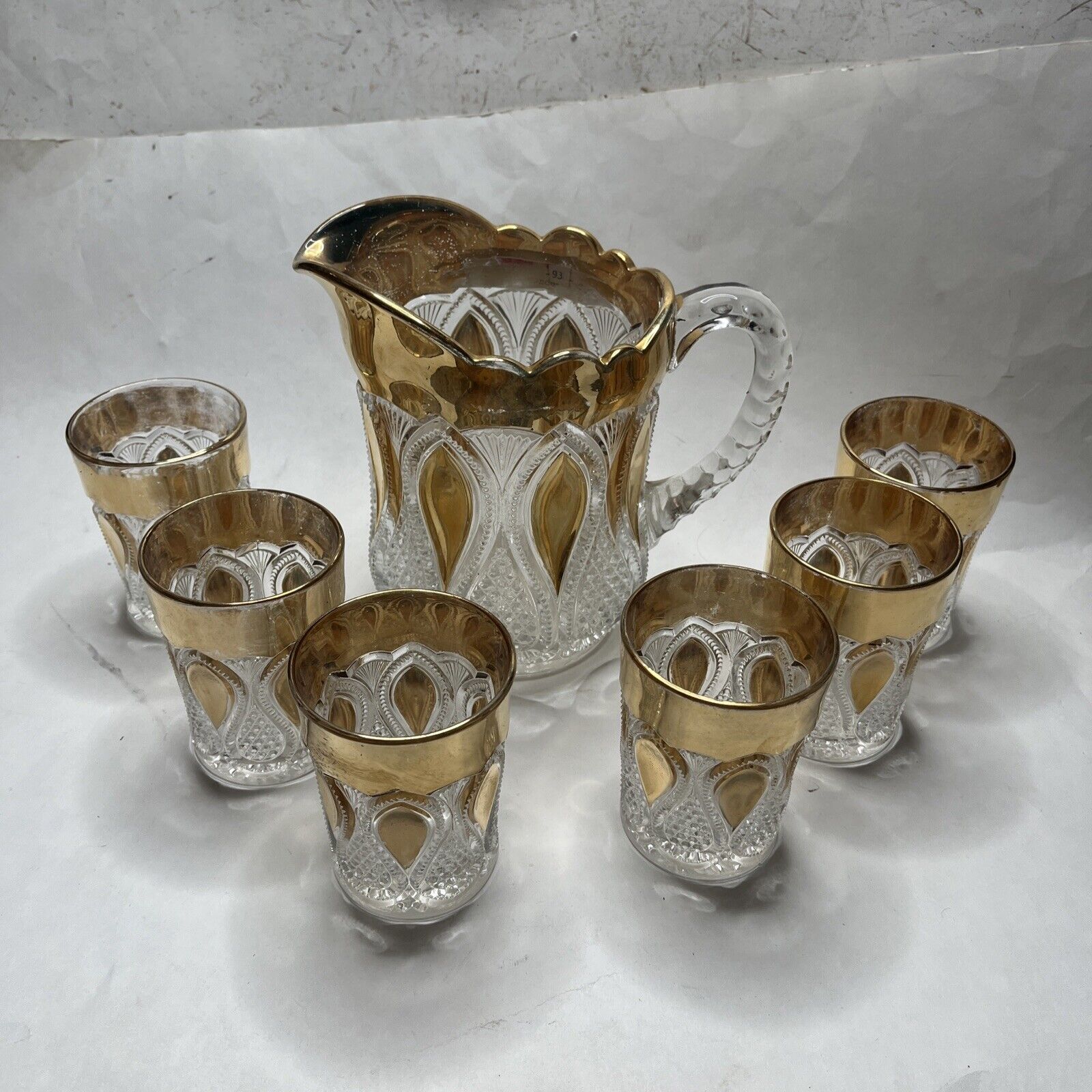 Flint Glass Co. Pitcher GOLD CIRCLE antique 1890 With 6 Tumblers