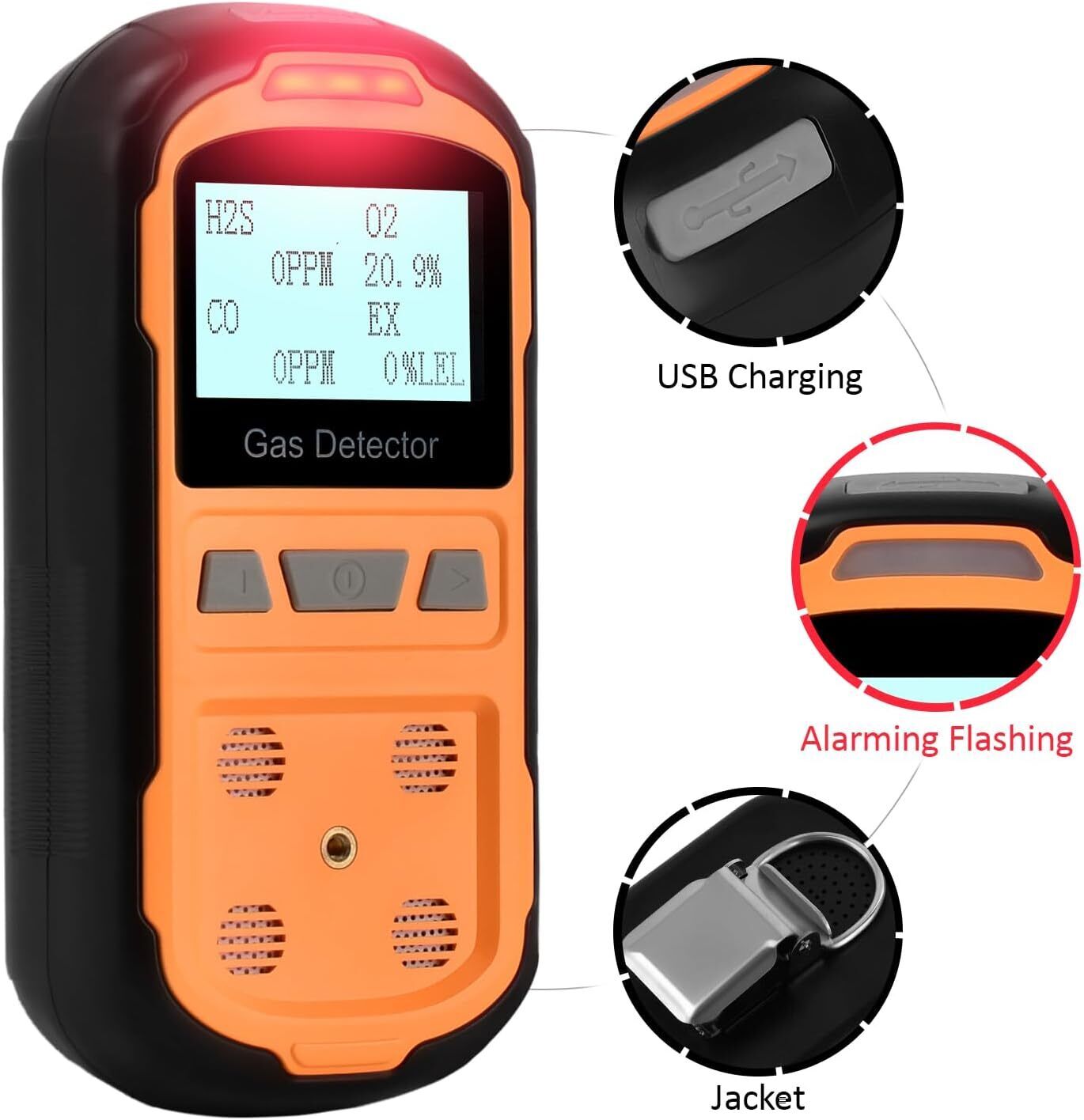 HZXVOGEN Portable Gas Detector 4IN1 H2S,O2,CO Gas Monitor Meter Tester Analyzer