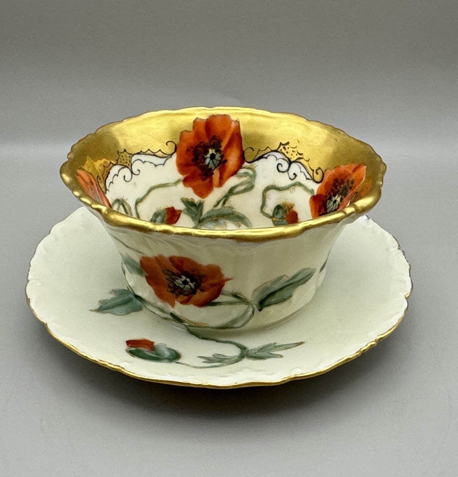 T&V Limoges Pickard Sauce Bowl with Underplate in Poppies Hand Painted & Signed
