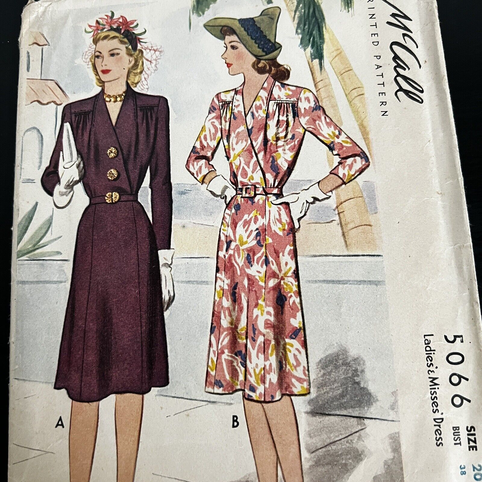 Vintage 1940s McCalls 5066 Lapped Belted Tucked Dress Sewing Pattern 20 M/L CUT