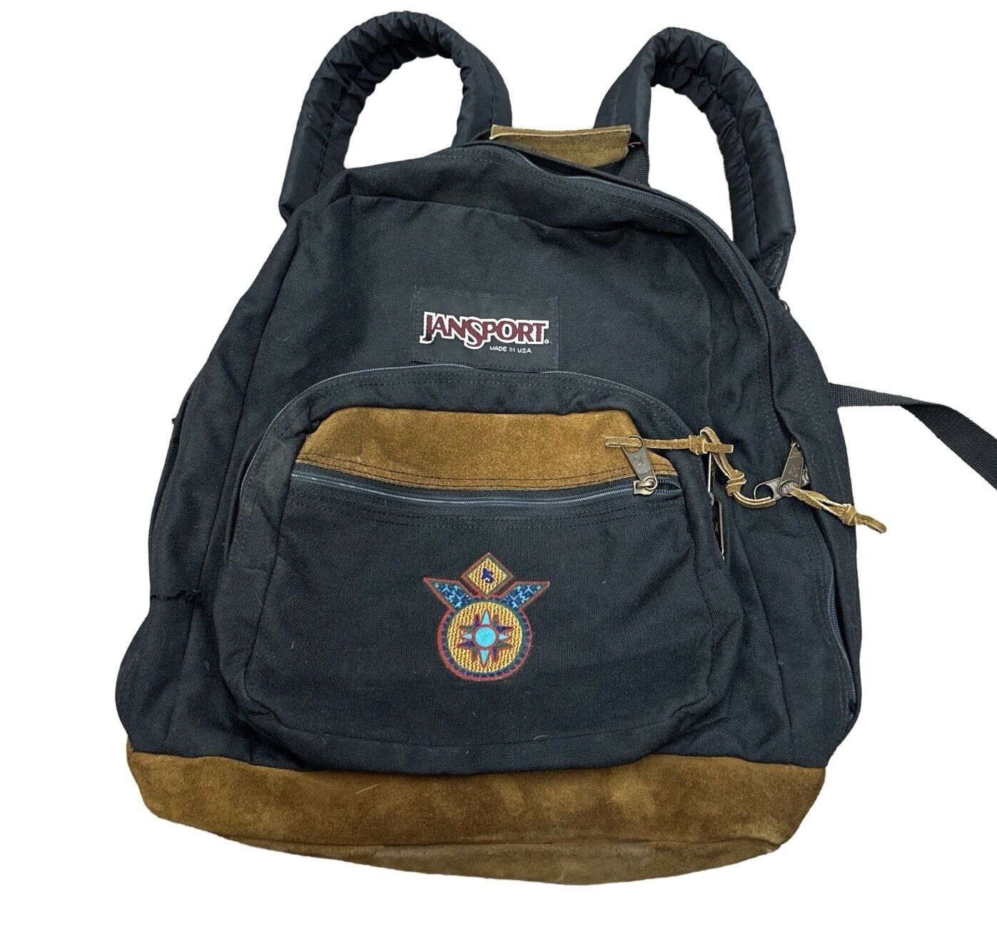 Vintage Jansport Black Leather Bottom Aztec Southwestern  Backpack Made USA