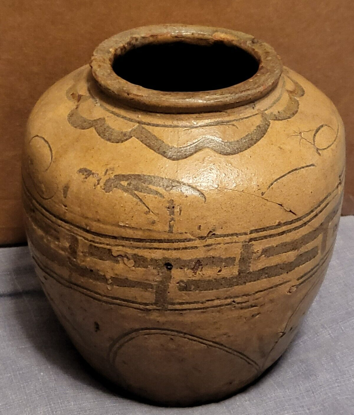 Antique 1800s Unmarked Earthenware Vase Brown Gold Handmade