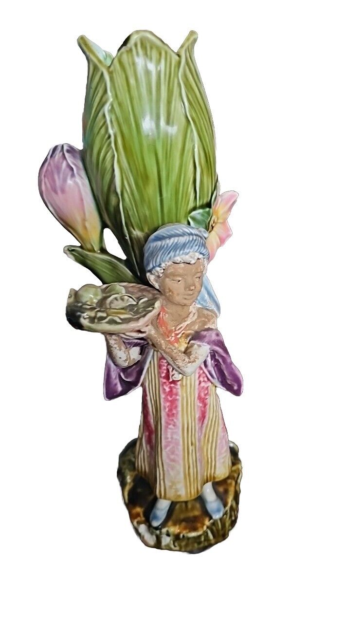 Stunning Majolica Antique Vase with “Moor” Figurine Made In Italy 19th Century.