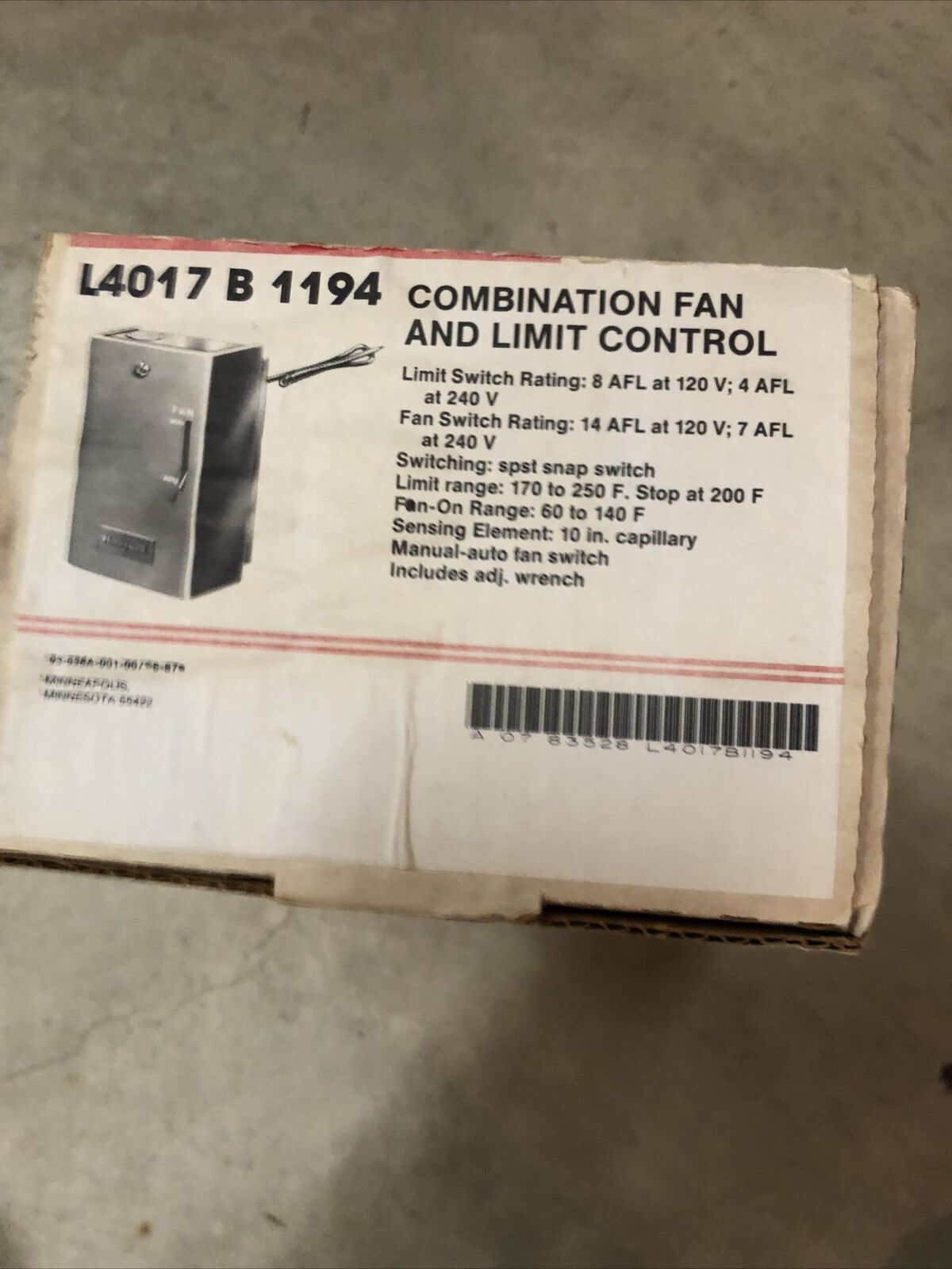 NEW HONEYWELL COMBINATION FAN AND LIMIT CONTROL SWITCH L4017B 1194