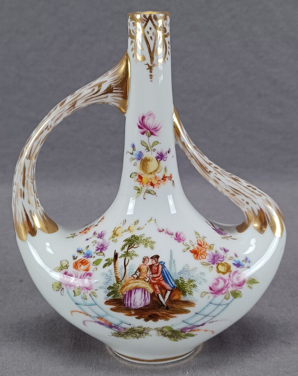 Helena Wolfsohn Dresden Hand painted Watteau Scene Floral & Gold 5 3/4 Inch Vase