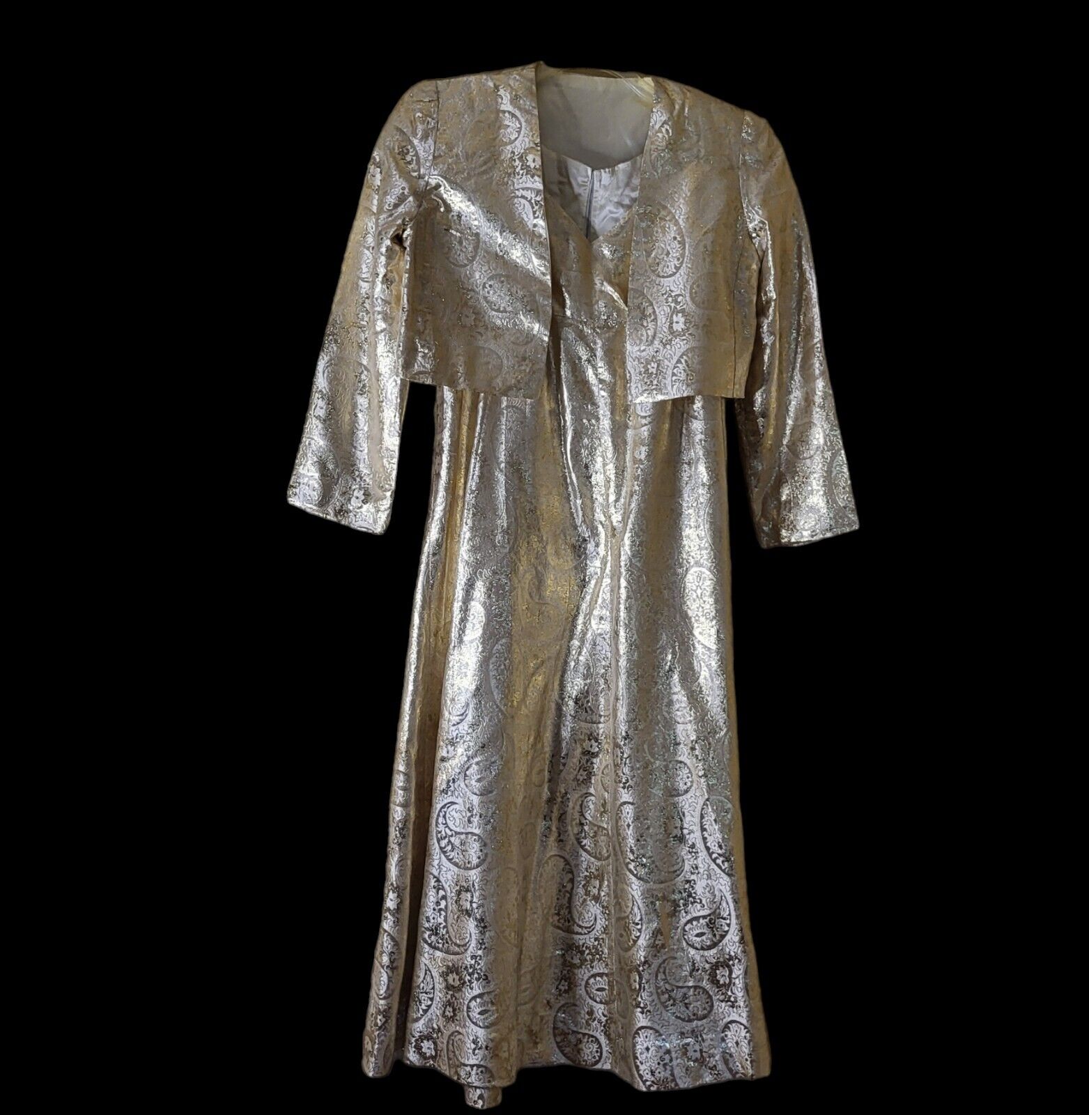 Vtg 60s 2-Pc Evening Gown & Bolero Jacket Set Size M Metallic Gold Paisley